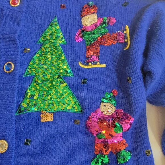 VTG Marisa Christina Classics Lambswool Angora Christmas Sequin Cardigan Blue S - Picture 14 of 16
